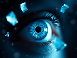Light blue eye staring off into a mirror, lost in concentration. AI generated with Jetpack